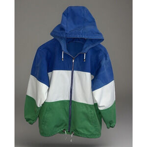 VTG Nautical Hooded Windbreaker Jacket Blue Green White Canvas Small 1980s Retro